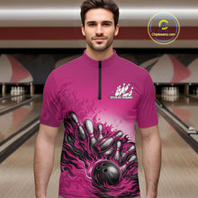 Load image into Gallery viewer, Male model in a bowling lane wearing a pink quarter-zip shirt, flame bowling ball hitting pins with vibrant motion graphics.