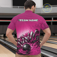 Load image into Gallery viewer, Male model in a bowling lane wearing a pink quarter-zip shirt, fiery bowling strike illustration with energetic sports visuals.