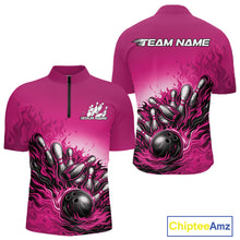 Load image into Gallery viewer, Front and back view of a men’s quarter-zip bowling shirt mockup in pink, featuring flame bowling ball striking pins bold sports design.