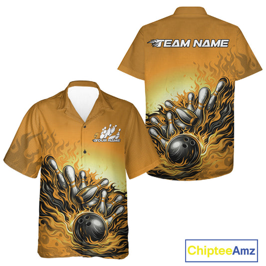 Button-up bowling shirt mockup showcasing yellow shirt with flame bowling ball striking pins dynamic action artwork