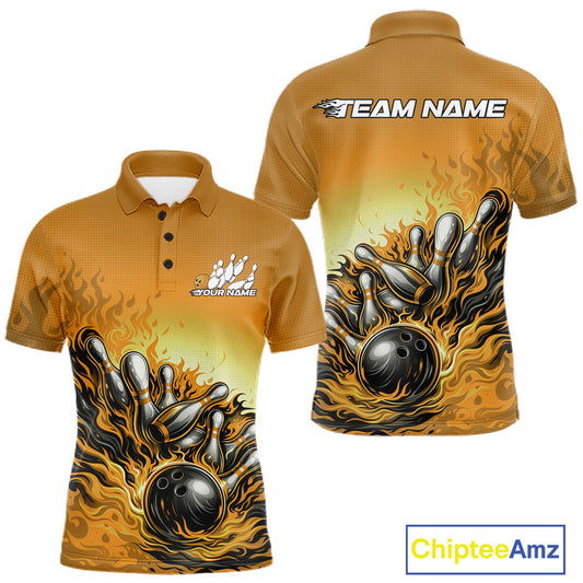 Men’s bowling polo shirt mockup front and back displaying flame bowling ball striking pins design on a yellow shirt