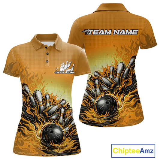 Front And Back View Of Women Polo Shirt Mockup In Yellow Featuring Fiery Bowling Ball Striking Pins With Dynamic Flame Effects