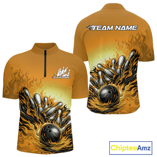 Front and back view of a men’s quarter-zip bowling shirt mockup in yellow, featuring flame bowling ball striking pins dynamic sports illustration.
