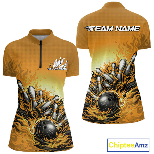 Front and back view of a women’s quarter-zip bowling shirt mockup in yellow, featuring flame bowling ball and pins bold sports design.
