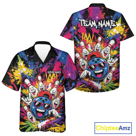 Custom Funny Colorful Hiphop Bowling Men And Women Button Up Shirt, Graffity Splatter Bowling Jersey IPHW11802