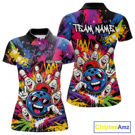 Custom women short-sleeve polo shirt shown from the front and back, featuring a colorful graffity bowling-themed graphic with funny bowling pins and a blue bowling ball wearing sunglasses