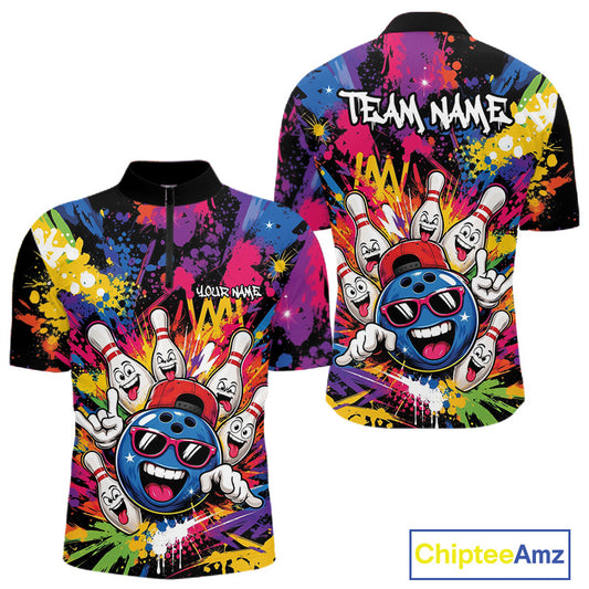 A short-sleeve quarter-zip bowling-themed shirt shown from both front and back on a white background. The shirt features a colorful splatter design with cartoon bowling pins, a blue bowling ball wearing sunglasses, and white text reading 'TEAM NAME & PLAY'.