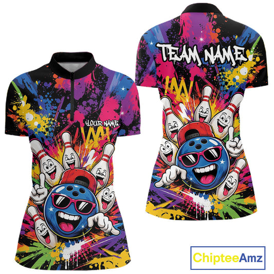 Front and back views of a short-sleeve quarterzip shirt with a vibrant, colorful bowling-themed graphic print. The design features cartoon bowling balls and pins with sunglasses and smiles, set against a colorful paint splatter background.