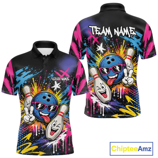 Front and back views of a short-sleeve polo shirt featuring a colorful bowling-themed graphic print with cartoon bowling balls, pins, and spray-paint splatters on a black base. The back includes placeholder text reading TEAM NAME, and the front has a small customizable name patch area.