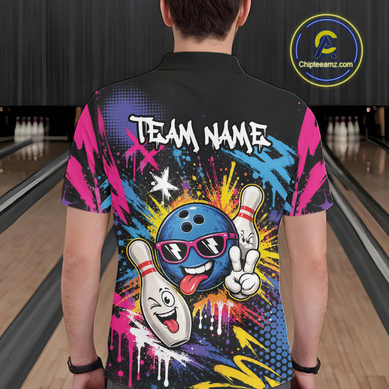 Custom Funny Colorful Paint Splatter Bowling Men Polo Shirt, Graffity Bowling Jersey IPHW11803