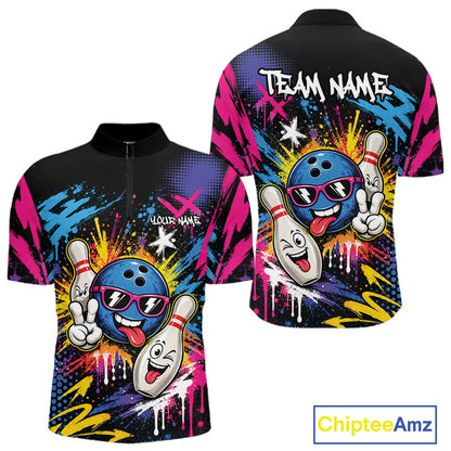 Custom Funny Colorful Paint Splatter Bowling Men Quarter Zip Shirt, Graffity Bowling Jersey IPHW11803