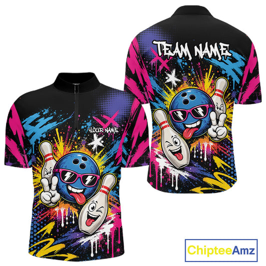 Front and back views of a short-sleeve zip-up bowling-themed shirt on a white background. The shirt features a black base with a colorful all-over graphic of cartoon bowling balls and pins, plus customizable text areas