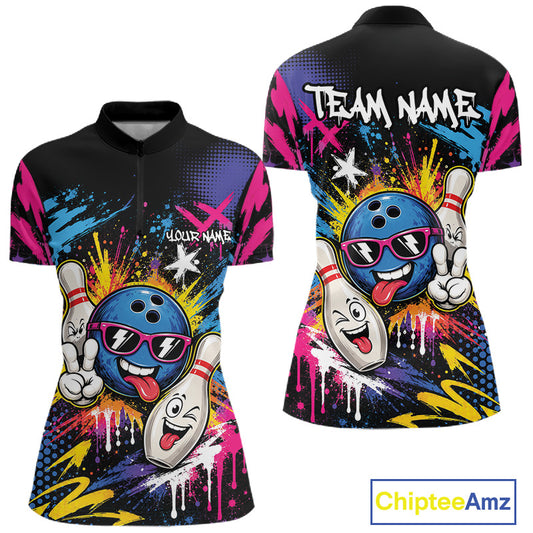 Front and back views of a short-sleeve polo shirt with a colorful bowling-themed graphic print. The shirt features funny cartoon bowling balls and pins with sunglasses, lightning bolts, paint splatters, and customizable text placeholders