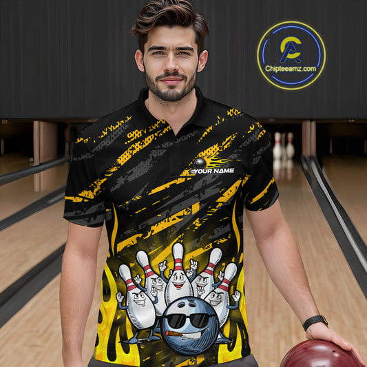 Custom Yellow Camo Funny Flame Bowling Men Polo Shirts, Bowling Team League Shirt IPHW10090