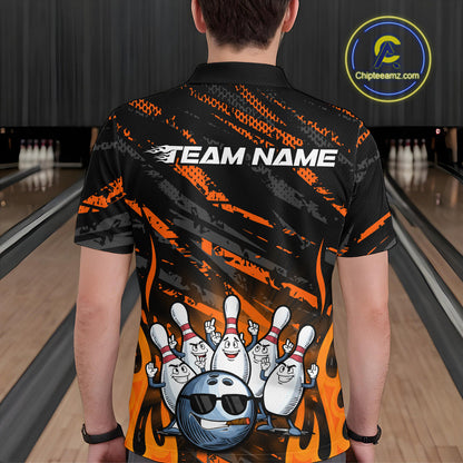 Custom Orange Camo Funny Flame Bowling Men Polo Shirts, Bowling Team League Shirt IPHW10091