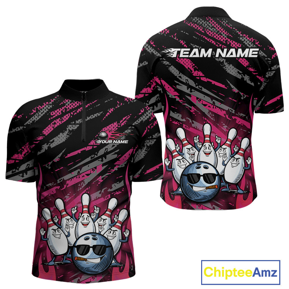 Custom Pink Camo Funny Flame Bowling Men Quarter-Zip Shirts, Bowling Team League Shirt IPHW10093