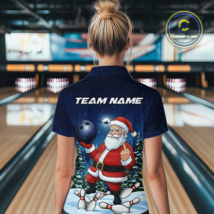 Custom Funny Christmas Bowling Women Polo Shirts, Xmas Santa Bowling Team Outfit IPHW10094
