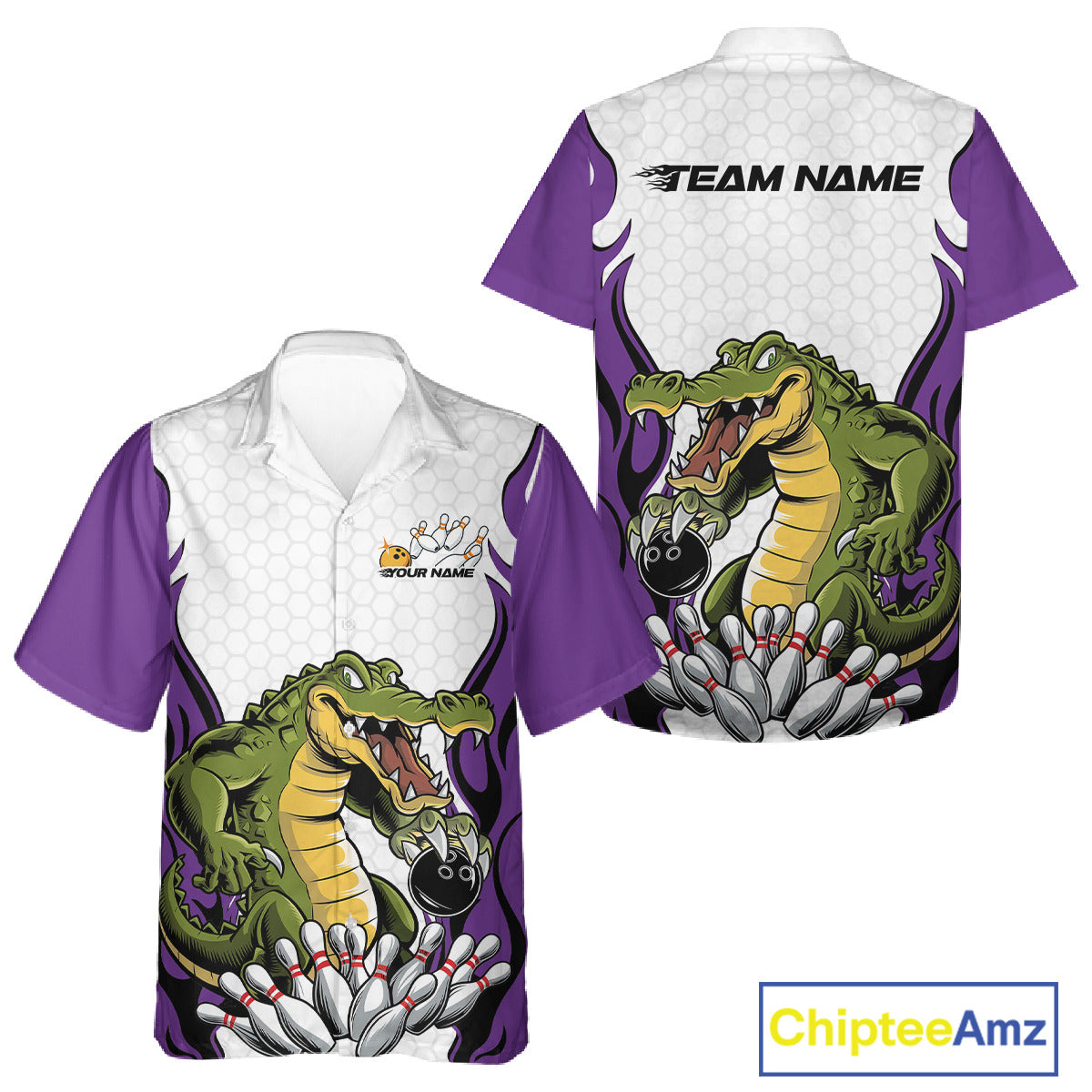 Custom Funny Alligator Bowling Men And Women Hawaiian Shirt, Alligator Purple Bowling Team League Shirt IPHW10687