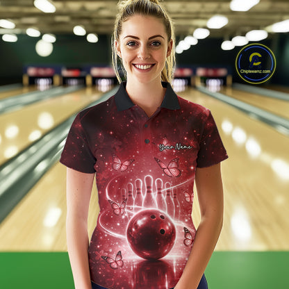 Custom Red Butterfly Women Bowling Polo Shirt, Ladies Bowling League Shirt IPHW10921