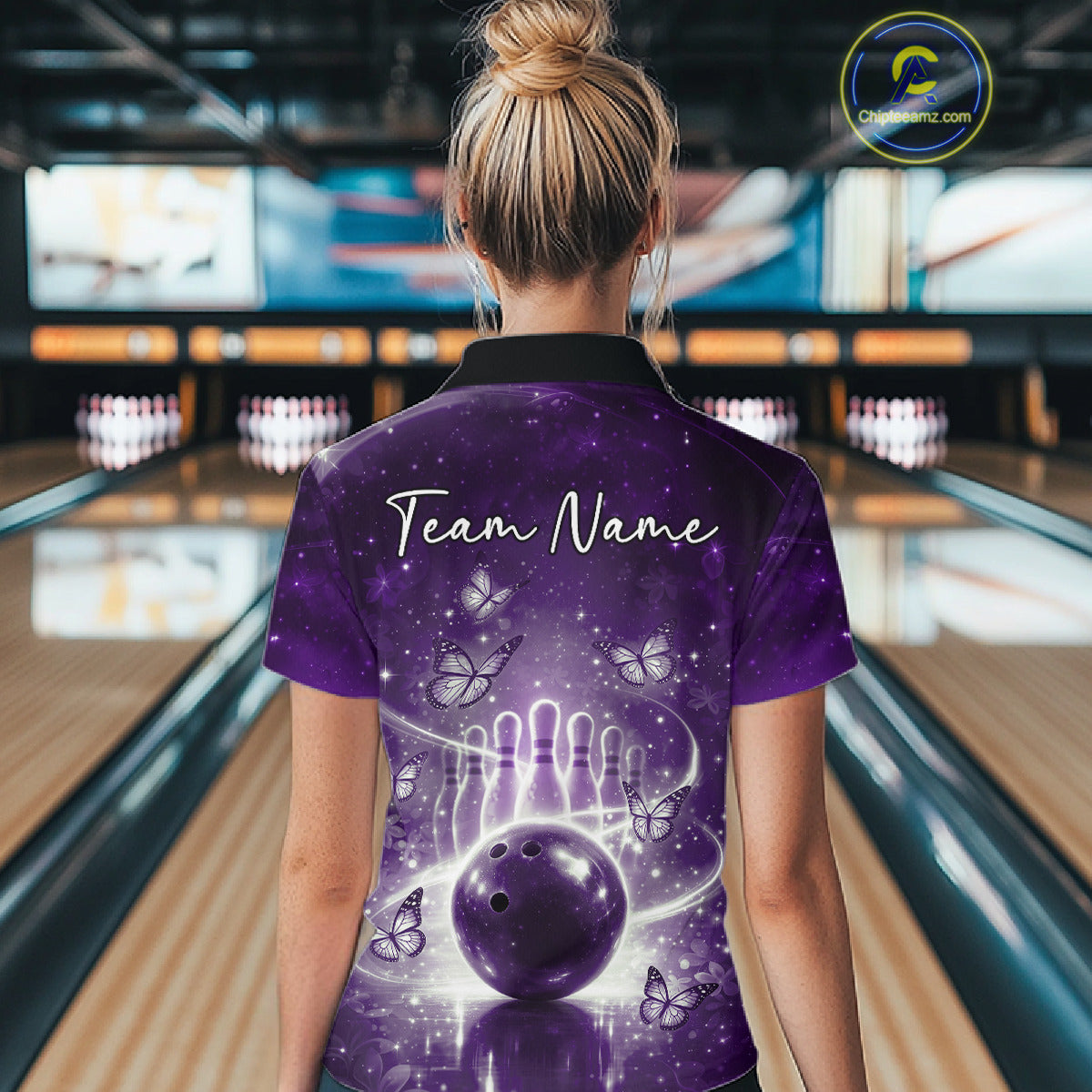 Custom Purple Butterfly Women Bowling Quarter-Zip Shirt, Ladies Bowling League Shirt IPHW10924
