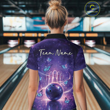 Load image into Gallery viewer, Custom Blue And Purple Butterfly Women Bowling Polo Shirt, Ladies Bowling League Shirt IPHW10925