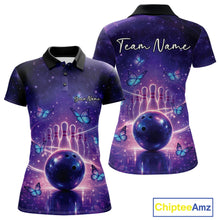 Load image into Gallery viewer, Custom Blue And Purple Butterfly Women Bowling Polo Shirt, Ladies Bowling League Shirt IPHW10925