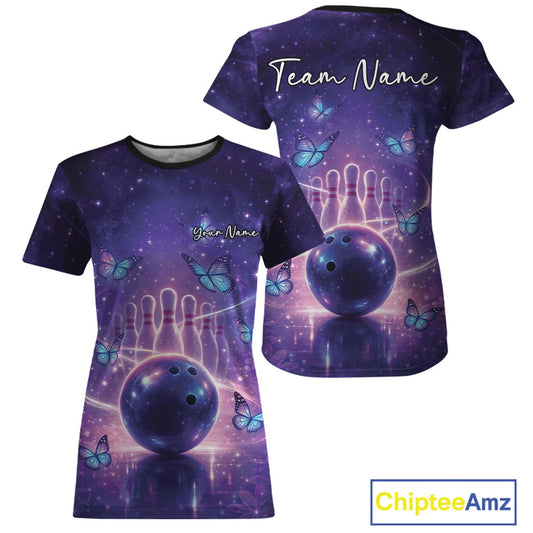 Custom Blue And Purple Butterfly Women Bowling T-Shirts, Ladies Bowling League IPHW10925