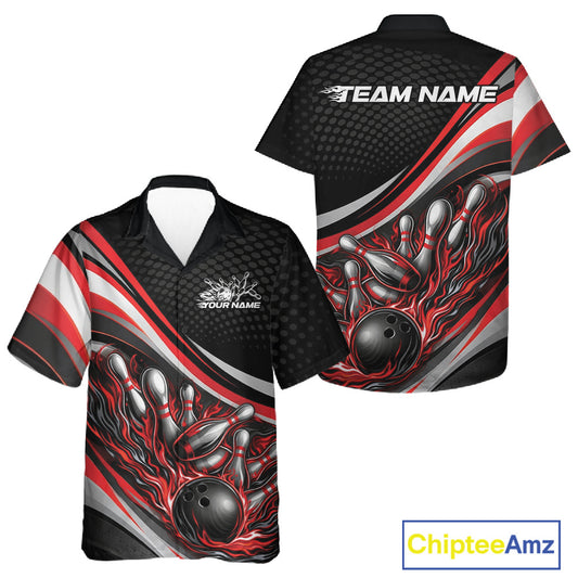Front and back view of a button-up bowling shirt mockup in black and red, featuring flame bowling ball and pins intense action-style artwork.