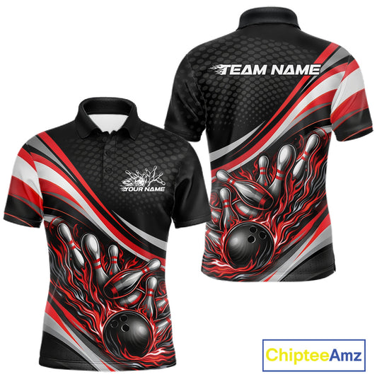 Front and back view of a men’s polo shirt mockup in black and red, featuring flame bowling ball striking pins bold action illustration.