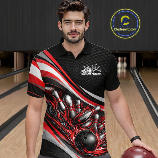 Male model in a bowling lane wearing a black and red polo shirt, fiery bowling ball hitting pins with intense sports motion graphics.