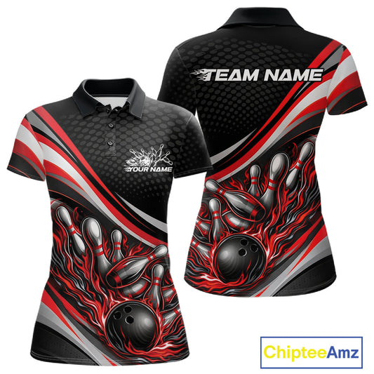 Front and back view of a women’s polo shirt mockup in black and red, featuring flame bowling ball striking pins bold illustration.