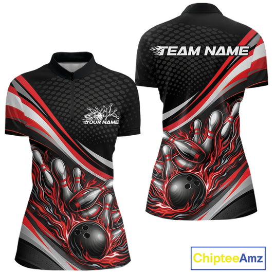 Front and back view of a women’s quarter-zip bowling shirt mockup featuring flame bowling ball striking pins, black and red colorway with bold sporty graphics.