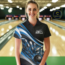 Load image into Gallery viewer, Female model in a bowling lane wearing a black and blue polo shirt, flaming bowling ball hitting pins with dynamic sports design.