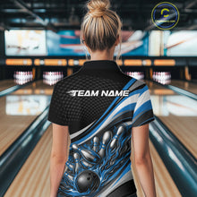 Load image into Gallery viewer, Back view of a female bowler wearing a black and blue polo shirt, flame bowling strike artwork with scattered pins motion effect.