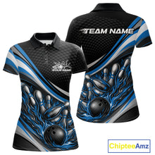 Load image into Gallery viewer, Front and back view of a women’s polo shirt mockup in black and blue, featuring flame bowling ball striking pins energetic illustration.