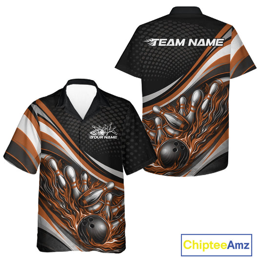 Front and back view of a button-up bowling shirt mockup in black and orange, featuring fiery bowling ball crashing into pins dynamic illustration.