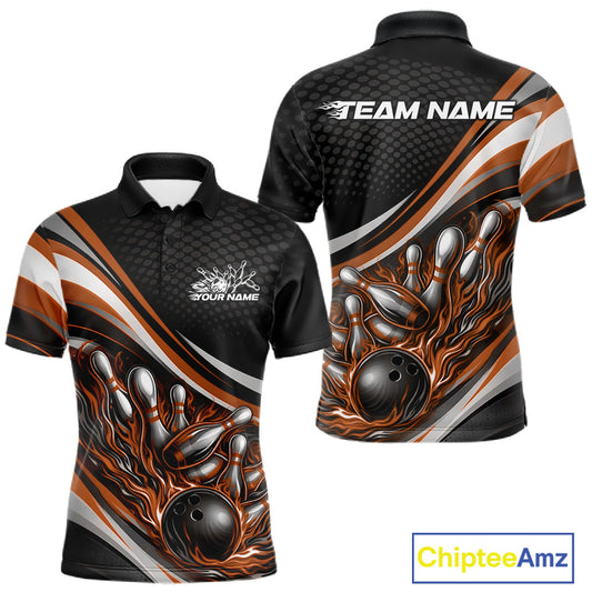 Front and back view of a men’s polo shirt mockup in black and orange, featuring flame bowling ball crashing into pins bold illustration.