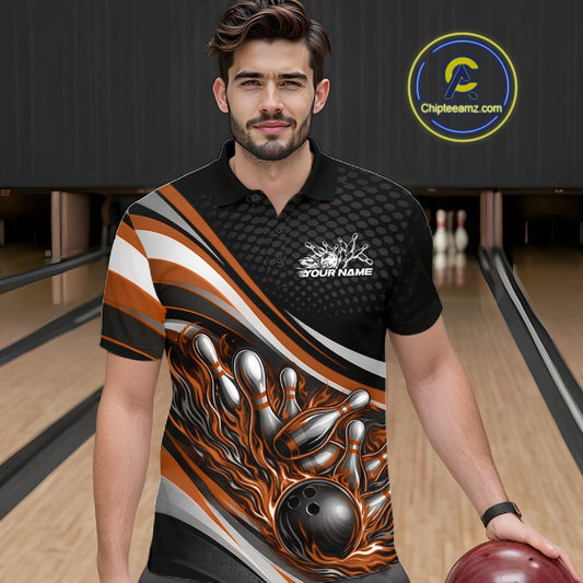 Male model in a bowling lane wearing a black and orange polo shirt, fiery bowling strike scene with explosive pin motion design.
