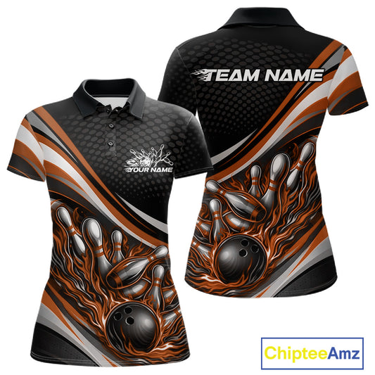 Front and back view of a women’s polo shirt mockup in black and orange, featuring flame bowling ball crashing into pins artwork.