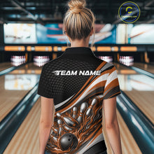 Load image into Gallery viewer, Back view of a female bowler wearing a black and orange polo shirt, flame bowling ball hitting pins with bold action graphics.
