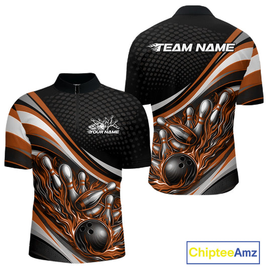 Front and back view of a men’s quarter-zip bowling shirt mockup in black and orange, featuring flame bowling ball striking pins design.