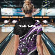 Load image into Gallery viewer, Back view of a female bowler wearing a black and purple polo shirt, flame bowling strike illustration with motion-driven pin impact.