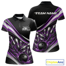 Load image into Gallery viewer, Front and back view of a women’s polo shirt mockup in black and purple, featuring flame bowling ball and pins dynamic action design.