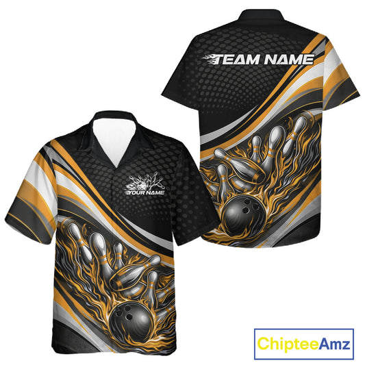 Front and back view of a button-up bowling shirt mockup in black and yellow, featuring flame bowling ball striking pins dynamic sports illustration.