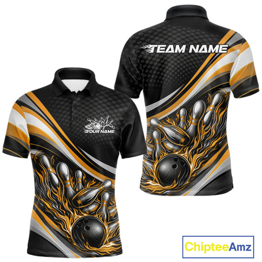 Front and back view of a men’s polo shirt mockup in black and yellow, featuring flame bowling ball striking pins dynamic sports artwork.