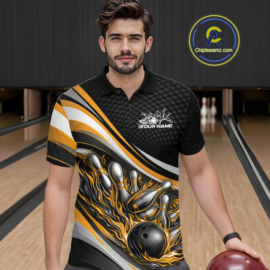 Male model in a bowling lane wearing a black and yellow polo shirt, fiery bowling ball hitting pins with energetic flame-style graphics.