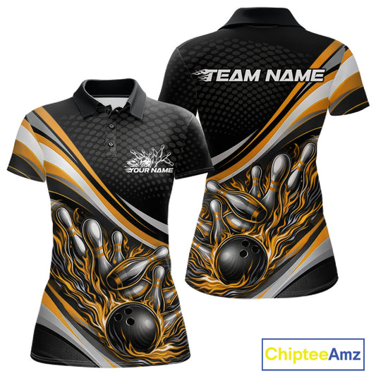 Front and back view of a women’s polo shirt mockup in black and yellow, featuring flame bowling ball striking pins dynamic sports artwork.