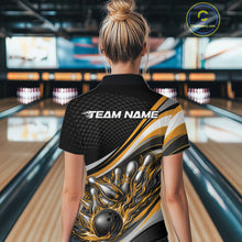 Load image into Gallery viewer, Back view of a female bowler wearing a black and yellow polo shirt, flame bowling ball and pins illustration with dynamic strike motion.