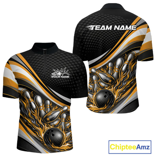 Front and back view of a men’s quarter-zip bowling shirt mockup in black and yellow, featuring flame bowling ball striking pins with bold action-style graphics.