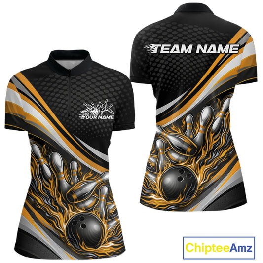 Women’s quarter zip bowling shirt mockup in black with yellow accents, flame bowling ball and pins graphic, sporty apparel presentation